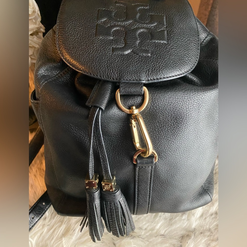 Tory Burch Black gold McGraw pebbled Leather tassel Backpack